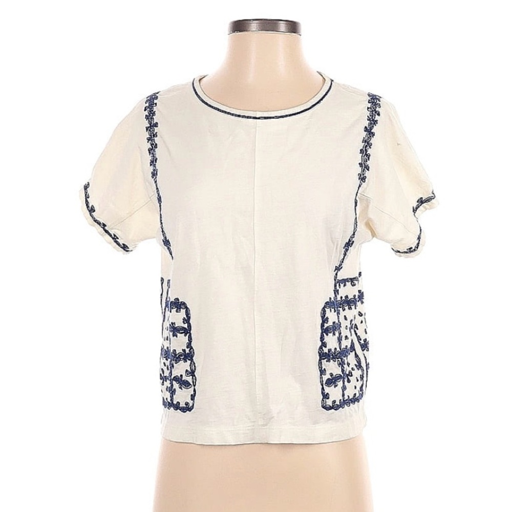 Beautiful Madewell Embroidery Short Sleeve Shirt | Size XS | Cream and Navy